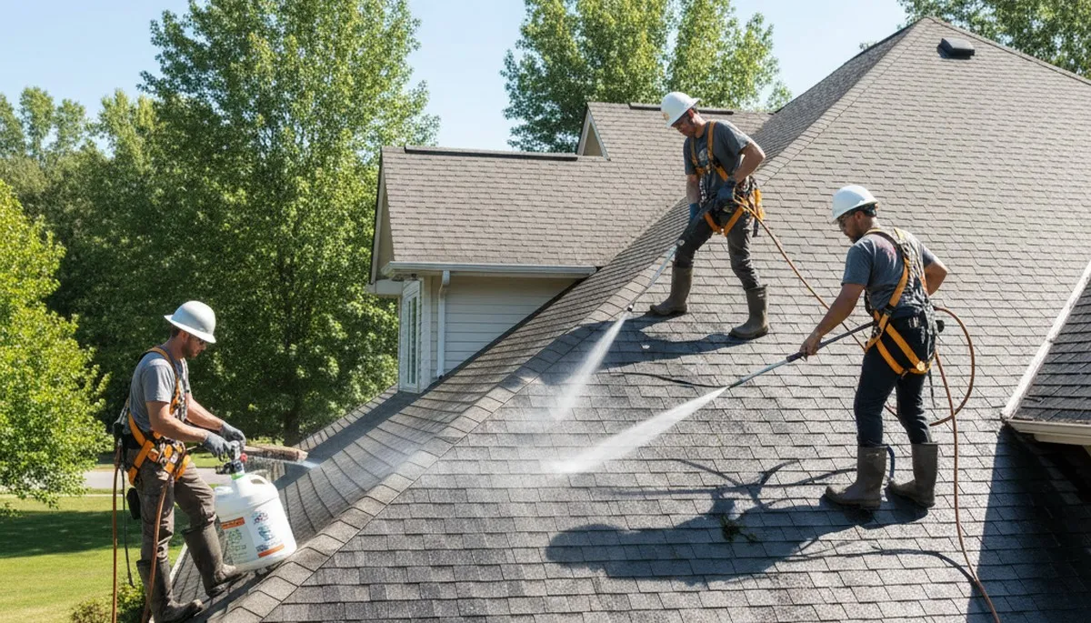 Roof cleaning service in Colorado Springs, CO removing algae and debris from a residential roof